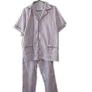 Mens Haband Striped Pajama Set Button-Up Shirt & Elastic Waist Pants M Polyester